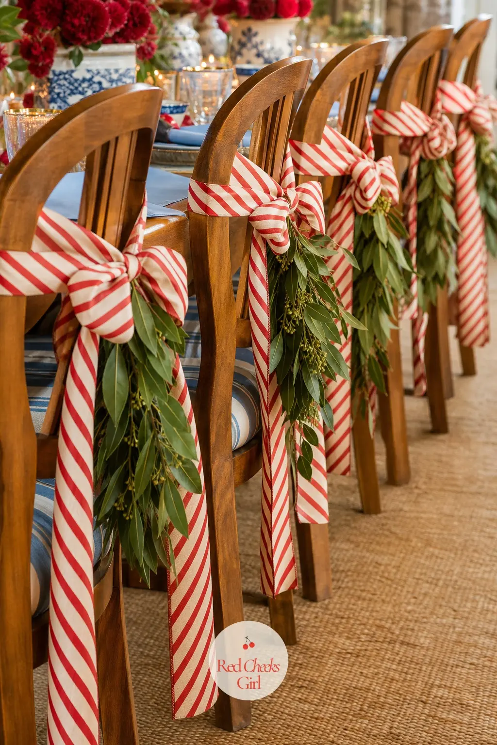 The Chair Backs, Tied With 6 Candy-Striped Bows — Six dining chairs each get a wide candy-striped bow tied to the top rail, the tails left long enough to brush