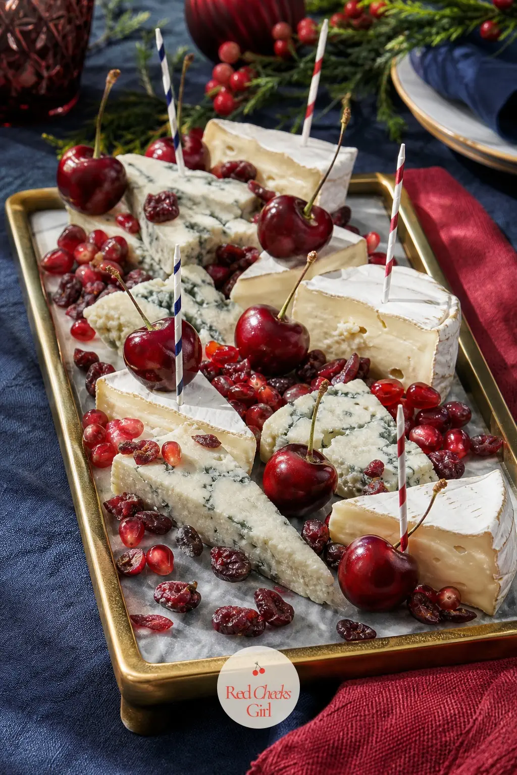The Cheese Board, Arranged in Cherry Fruit and Blue-Veined Wedges — A long brass-edged board carries wedges of blue-veined cheese beside a soft white brie