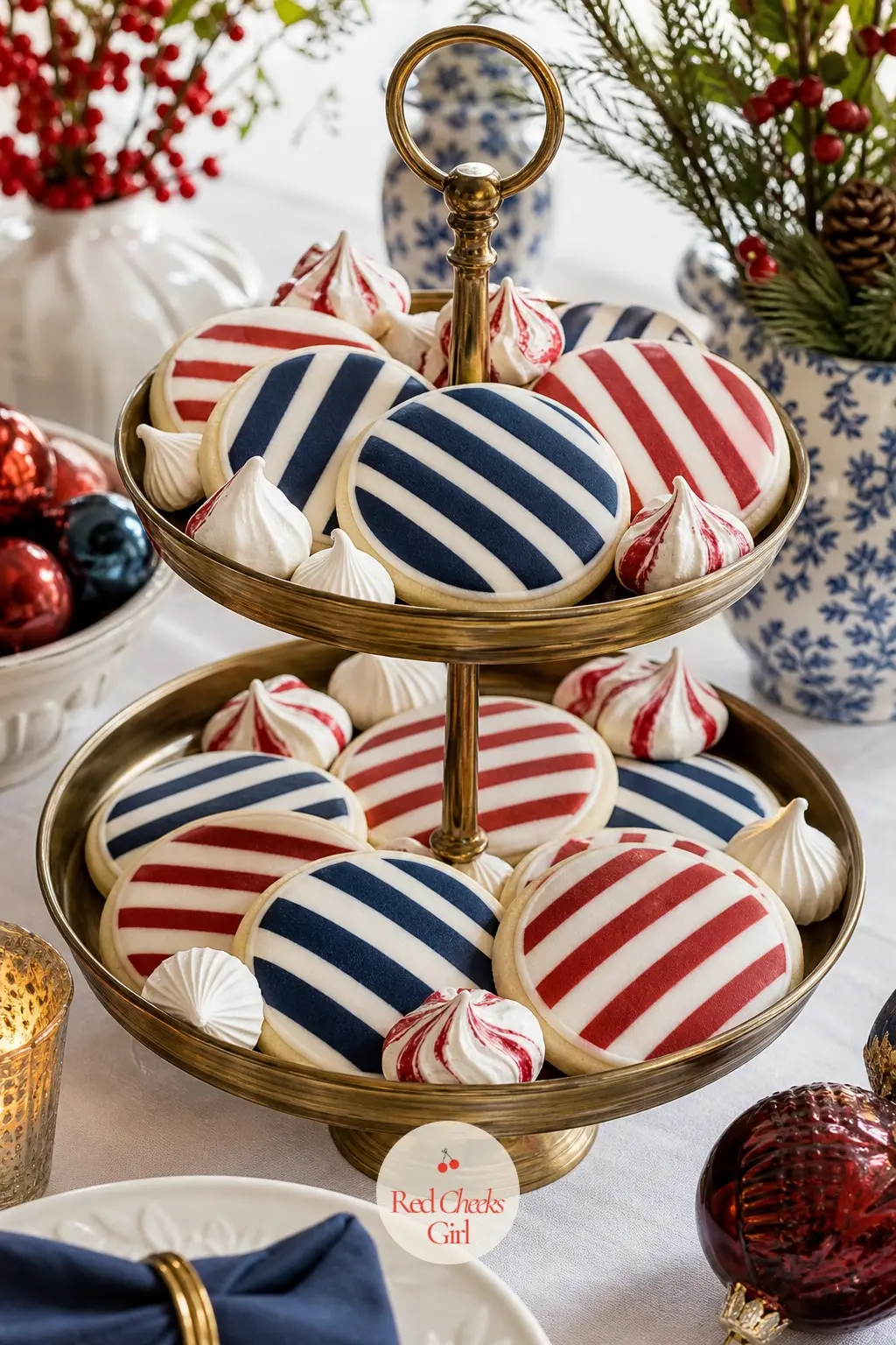 The Dessert Table, Set With Striped Sugar Cookies and a Brass Cake Stand — A brass cake stand holds a tiered display of sugar cookies, each iced with a simple
