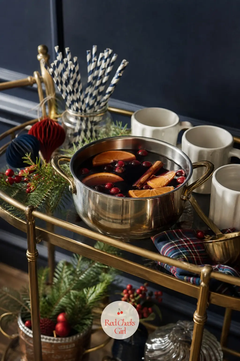 The Drinks Cart, Poured With Mulled Wine and Striped Straws — A brass drinks cart holds a pot of mulled wine, a stack of plain white mugs and a jar of navy and