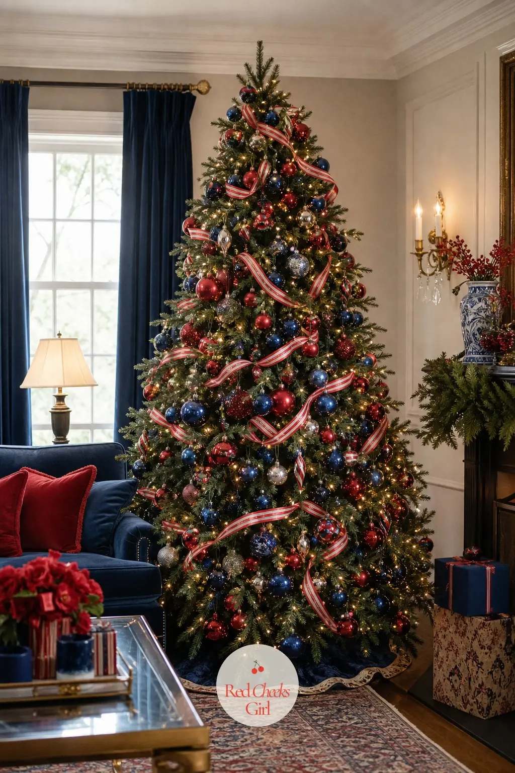 The Living Room, Dressed Around a Tree in Candy-Striped Ribbon — The tree stands dead centre of the room, strung with navy and cherry glass baubles and