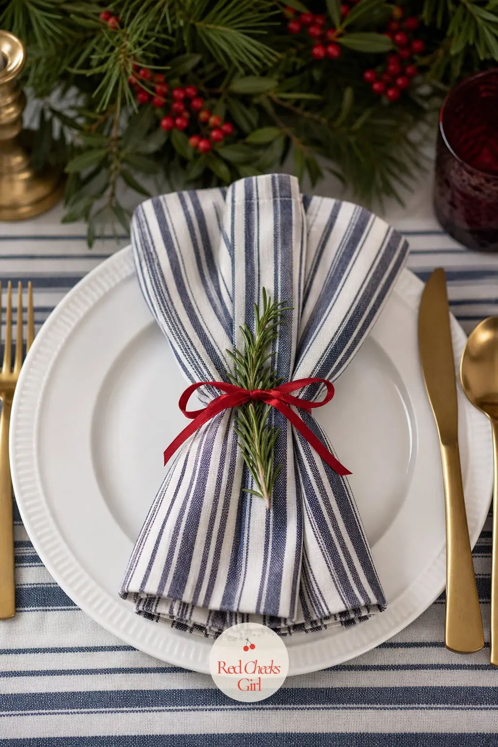 The Place Setting, Laid With 12 Striped Linen Napkins — Twelve linen napkins in a fine navy and white stripe sit folded flat at each place, each one tied with