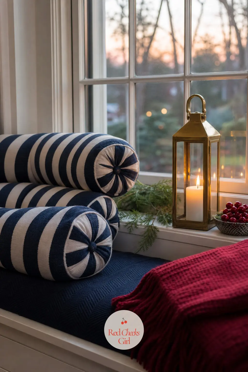 The Window Seat, Piled With Striped Cushions and a Cherry Throw — A deep window seat takes bolster cushions in breton stripe cotton, piled against the glass