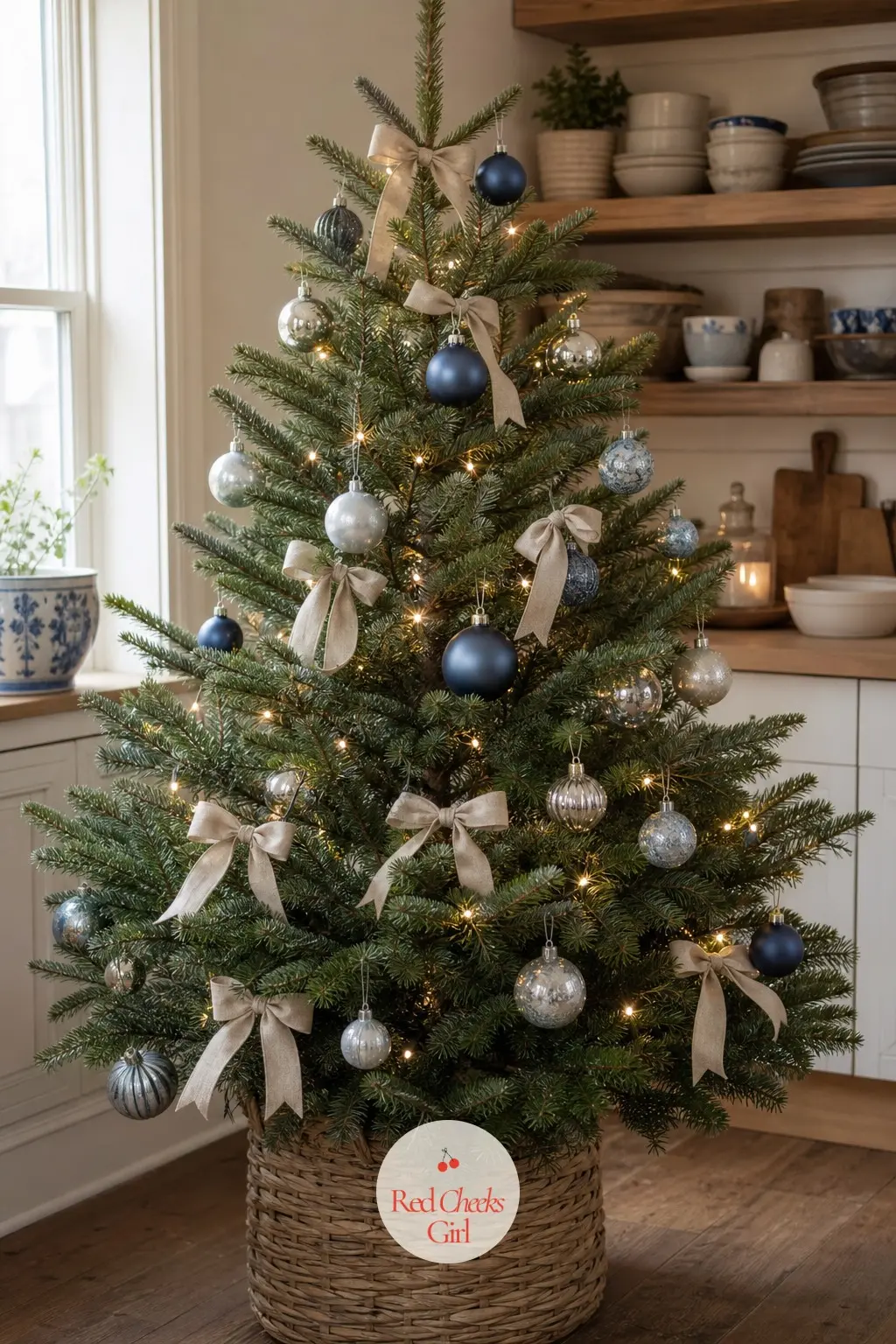 A Denim-Toned Fir on the Farmhouse Floor — A real cut fir standing on open floor in a farmhouse kitchen, near open shelving and everyday dishware, decorated in