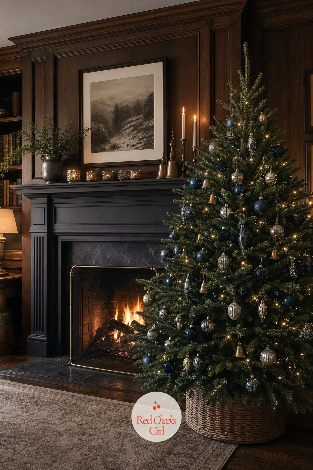 A Full Midnight Fir Beneath the Mantel — A tall, full real noble fir standing in front of a panelled wall and working fireplace, the kind of room that already