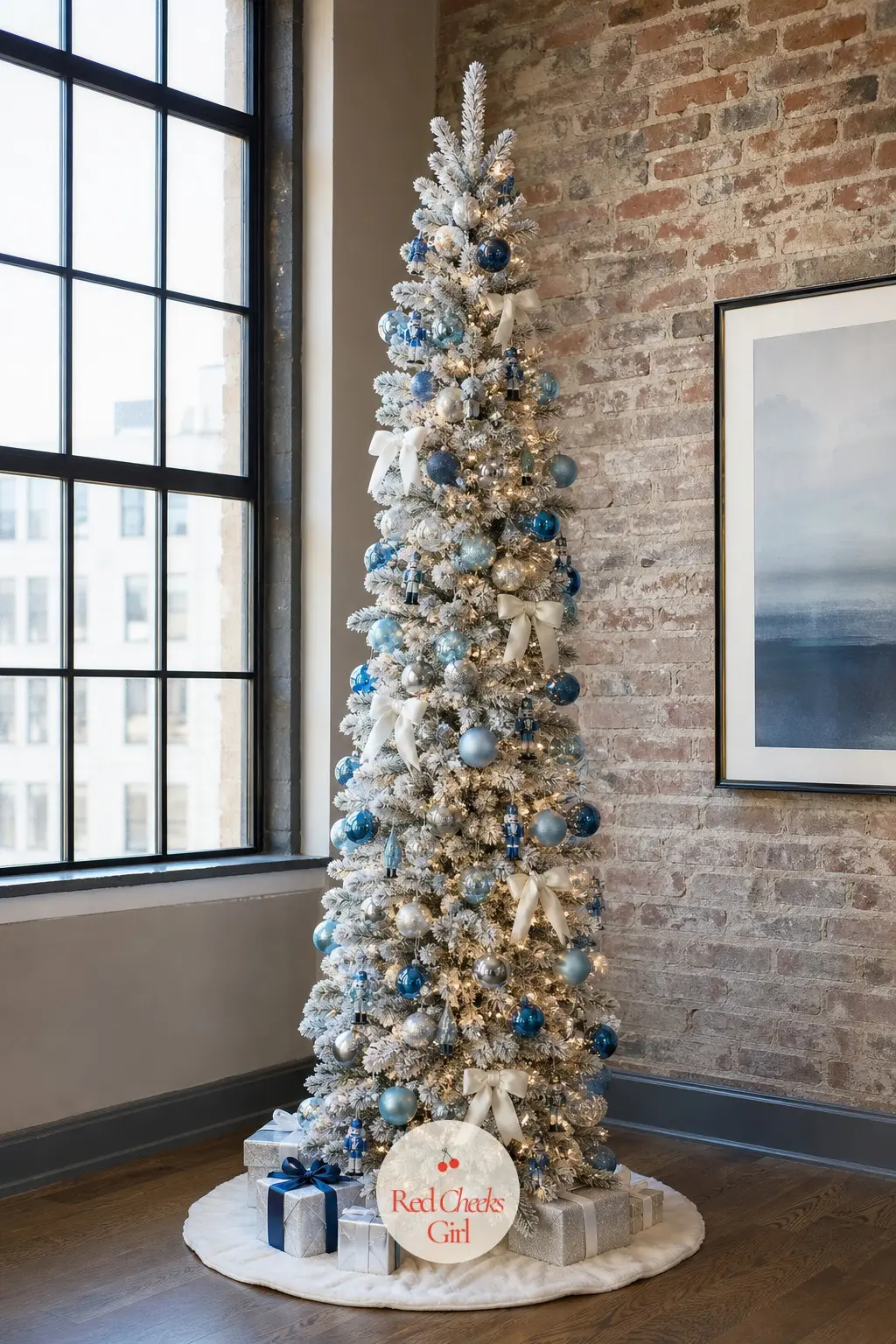 A Pencil-Slim Tree Against Brick and Glass — A slim artificial pencil tree pushed into the gap between a tall window and an exposed brick wall, somewhere a
