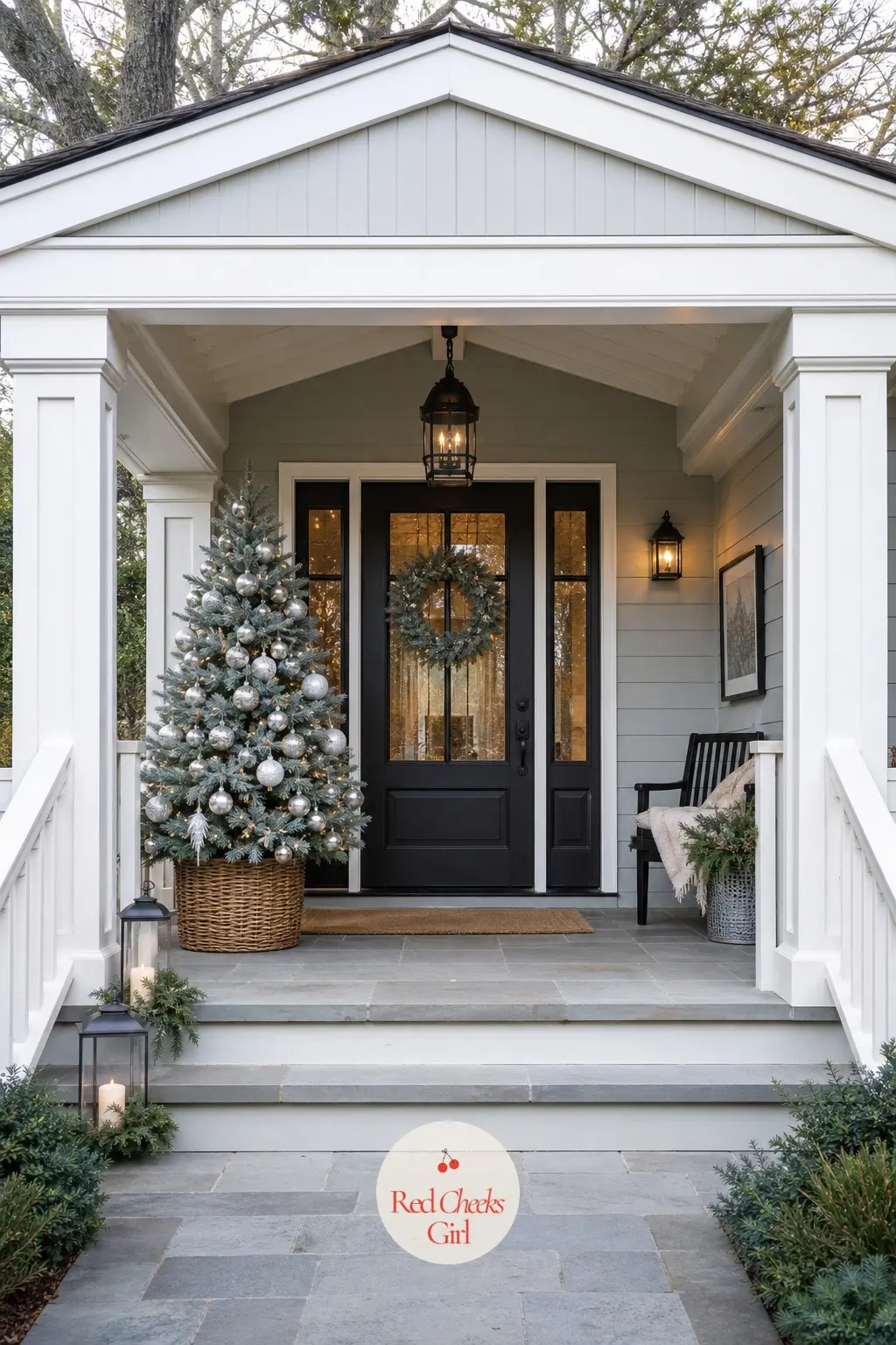 A Potted Blue Spruce Guarding the Porch — An actual Colorado blue spruce in a large pot by the front door, its natural grey-blue needles doing most of the