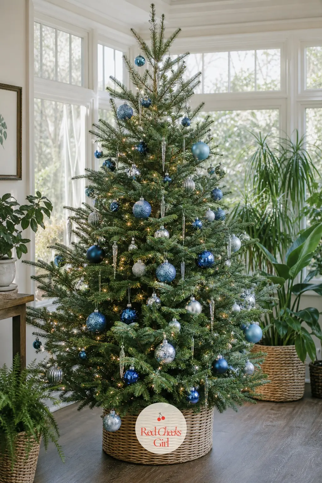 A Potted Living Tree Among the Sunroom Plants — A real potted tree standing among the houseplants already crowding a sunroom, bold blue and silver baubles