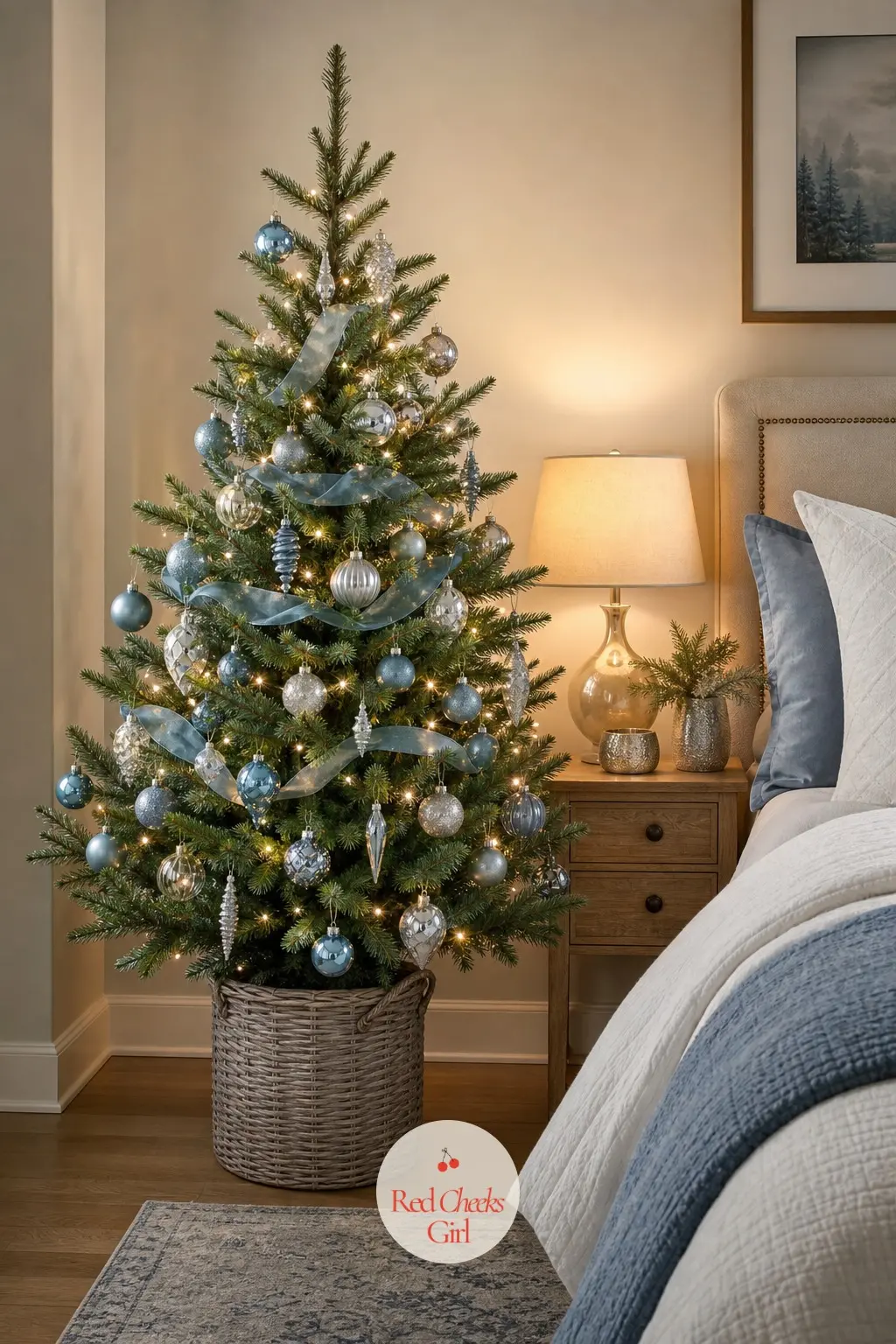 A Powder Blue Tree Beside the Bed — A small real potted tree standing in the corner beside the bed, powder blue and plain silver chosen specifically to be