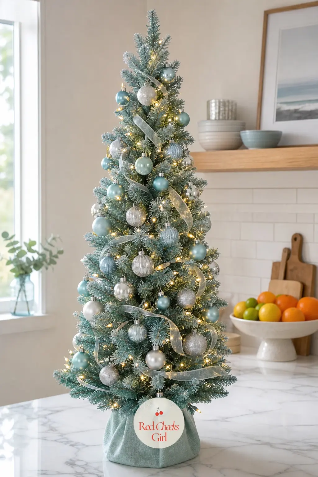 A Sea Glass Tabletop Tree on the Marble — A small artificial tabletop tree sitting on a marble kitchen counter next to open shelves and a bowl of citrus