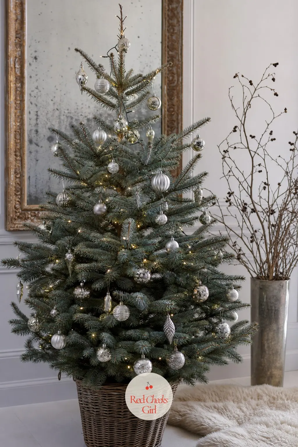 A Slate Blue Fir Under the Antique Mirror — A real, lightly trimmed fir standing beneath an antique mirror, with dried branches in a tall vase nearby and a