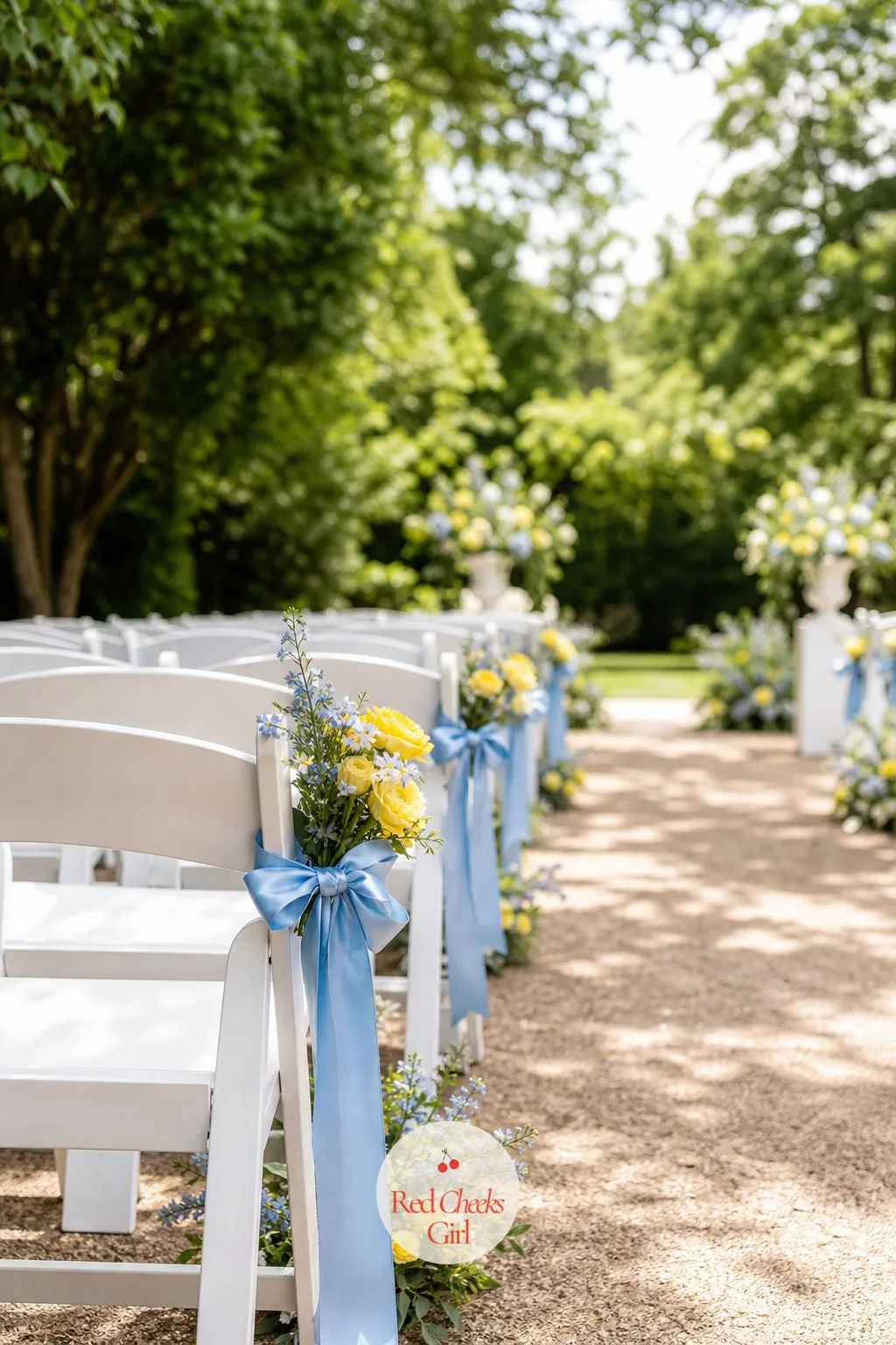 Aisle Chairs With Blue and White Ribbon — An empty aisle between two blocks of chairs can look a little bare until something ties the rows together. Blue and