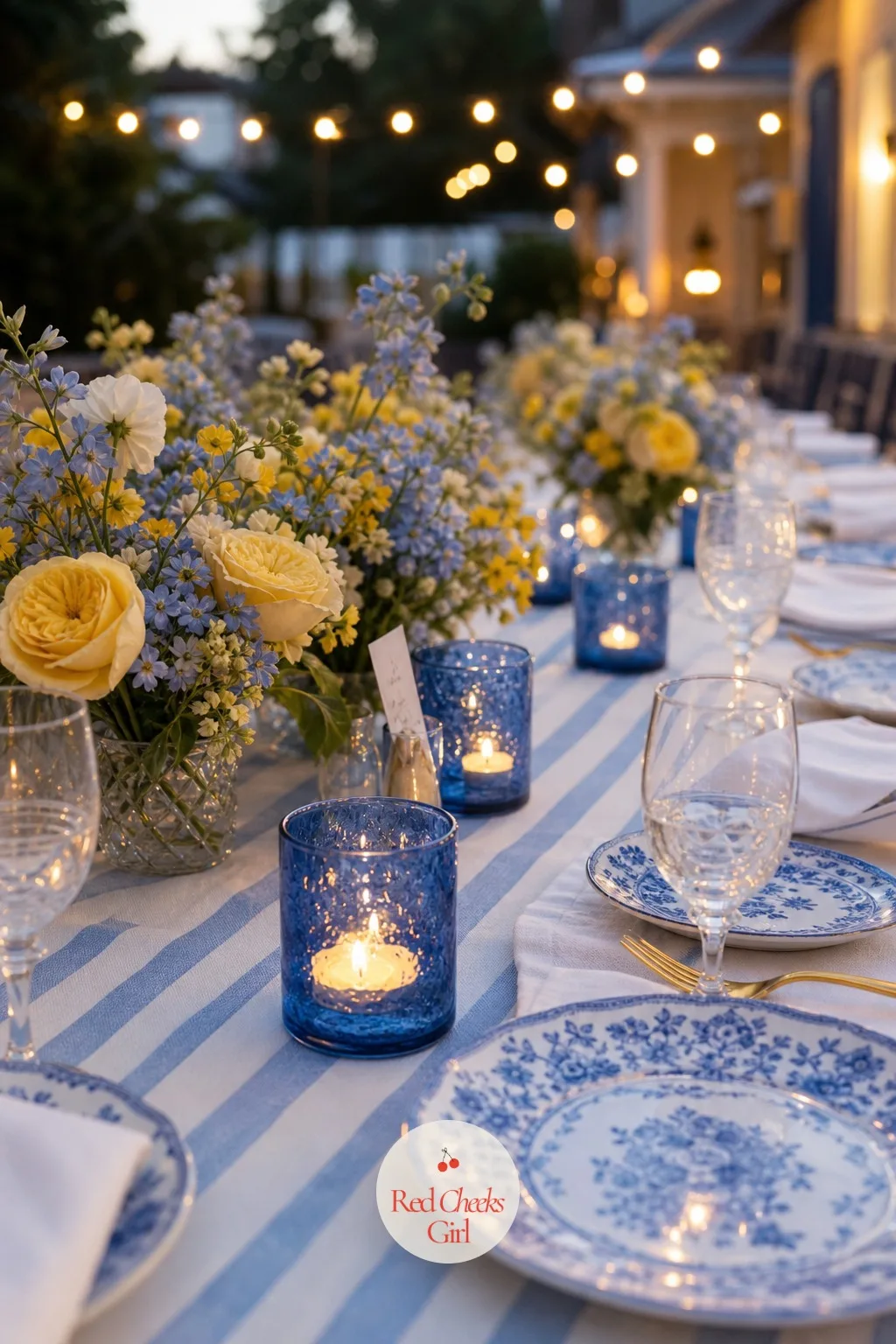 Blue Glass Votive Candles Down the Table — Once the sun drops, the table needs its own light rather than borrowed string lights from overhead, and small blue