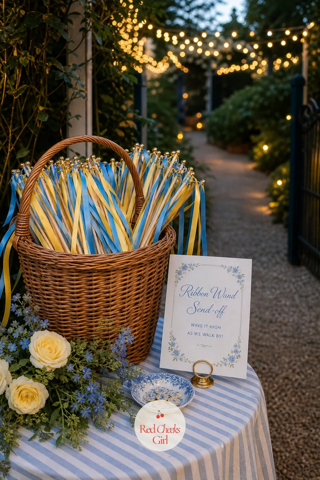 Blue and Yellow Ribbon Wand Send-off — Confetti leaves a mess and sparklers need a permit most venues will not grant; a ribbon wand does the same job of a