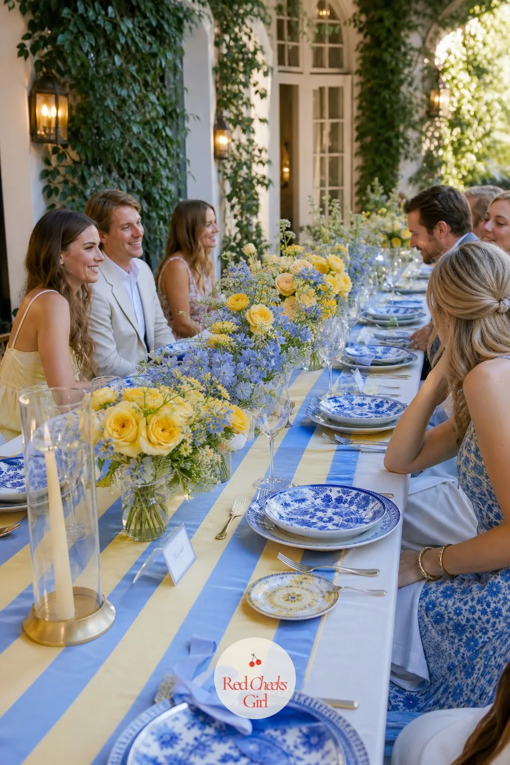 Blue and Yellow Striped Table Runner — A plain white cloth is correct but a little quiet; a candy stripe runner laid lengthwise down the middle, under the