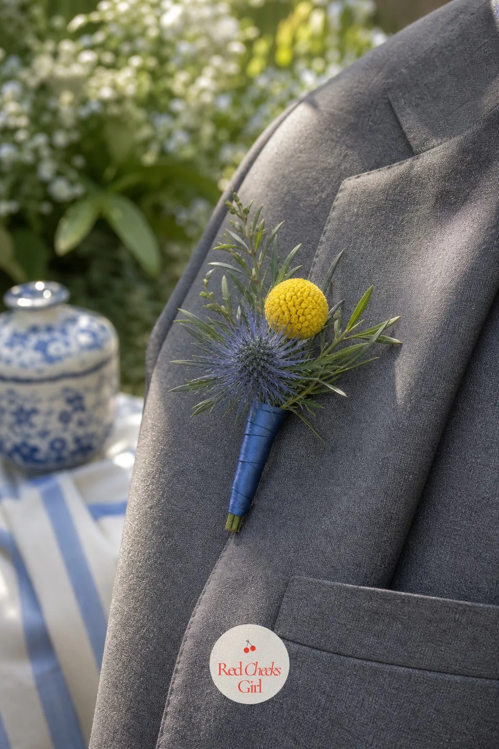 Boutonnieres of Blue Thistle and Yellow Billy Balls — The groom and groomsmen need one small thing pinned to a lapel that says they belong to this wedding