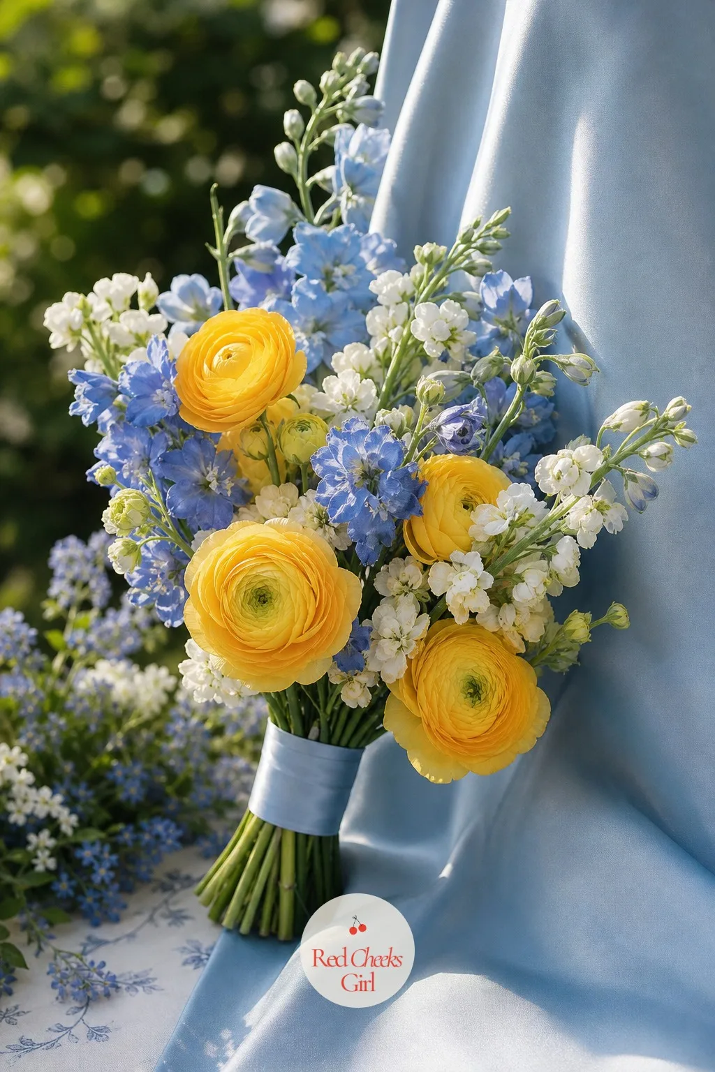 Bridesmaid Bouquets of Yellow Ranunculus and Blue Delphinium — Each bridesmaid carries the same two colours as the arch, scaled down to fit two hands: sunny