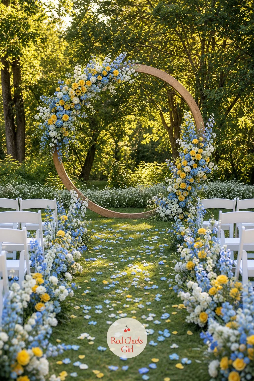 Ceremony Arch of Yellow and Blue Blooms — Nobody remembers the vows word for word, but everyone remembers what stood behind them. Blue and yellow wedding
