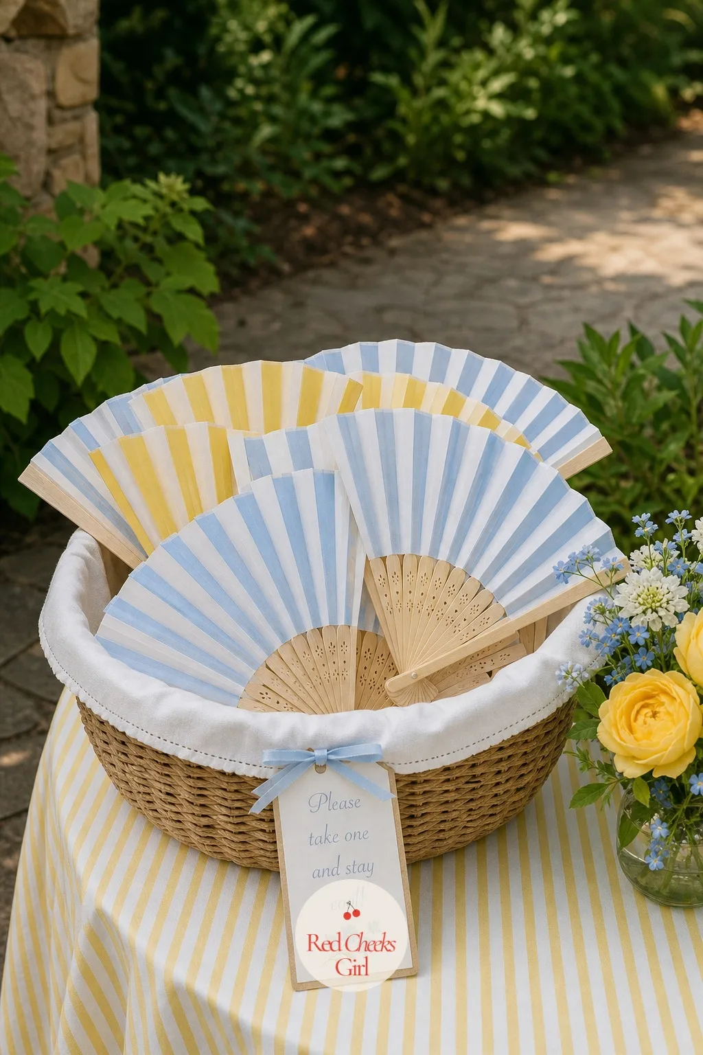Ceremony Fans in Blue and Yellow Stripes — On a summer afternoon a program is nice but a fan is actually used, and this one does both jobs at once: a candy