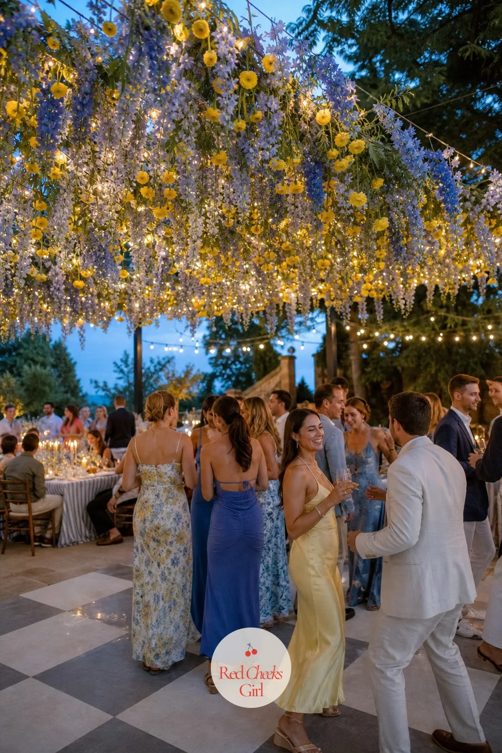 Dance Floor Backdrop of Hanging Blue and Yellow Blooms — Once dinner ends and the dancing starts, the room needs a reason to look up: a canopy of hanging blue