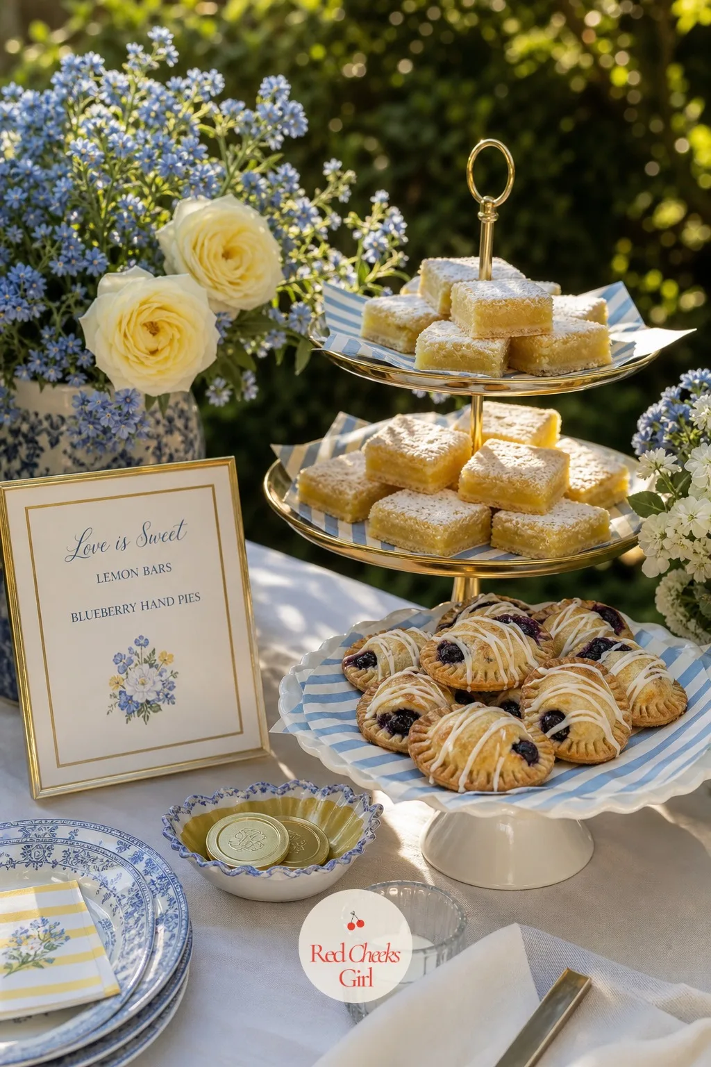 Dessert Table With Lemon Bars and Blueberry Hand Pies — Not every guest wants a slice of the formal cake, and a small spread beside it gives them something to