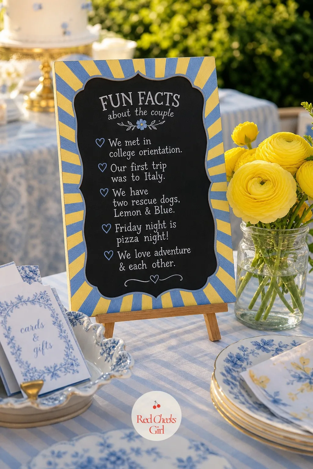 Fun Facts Board About the Couple — Guests arrive early and stand around with nothing to do except wait for the music to start; give them something to read.