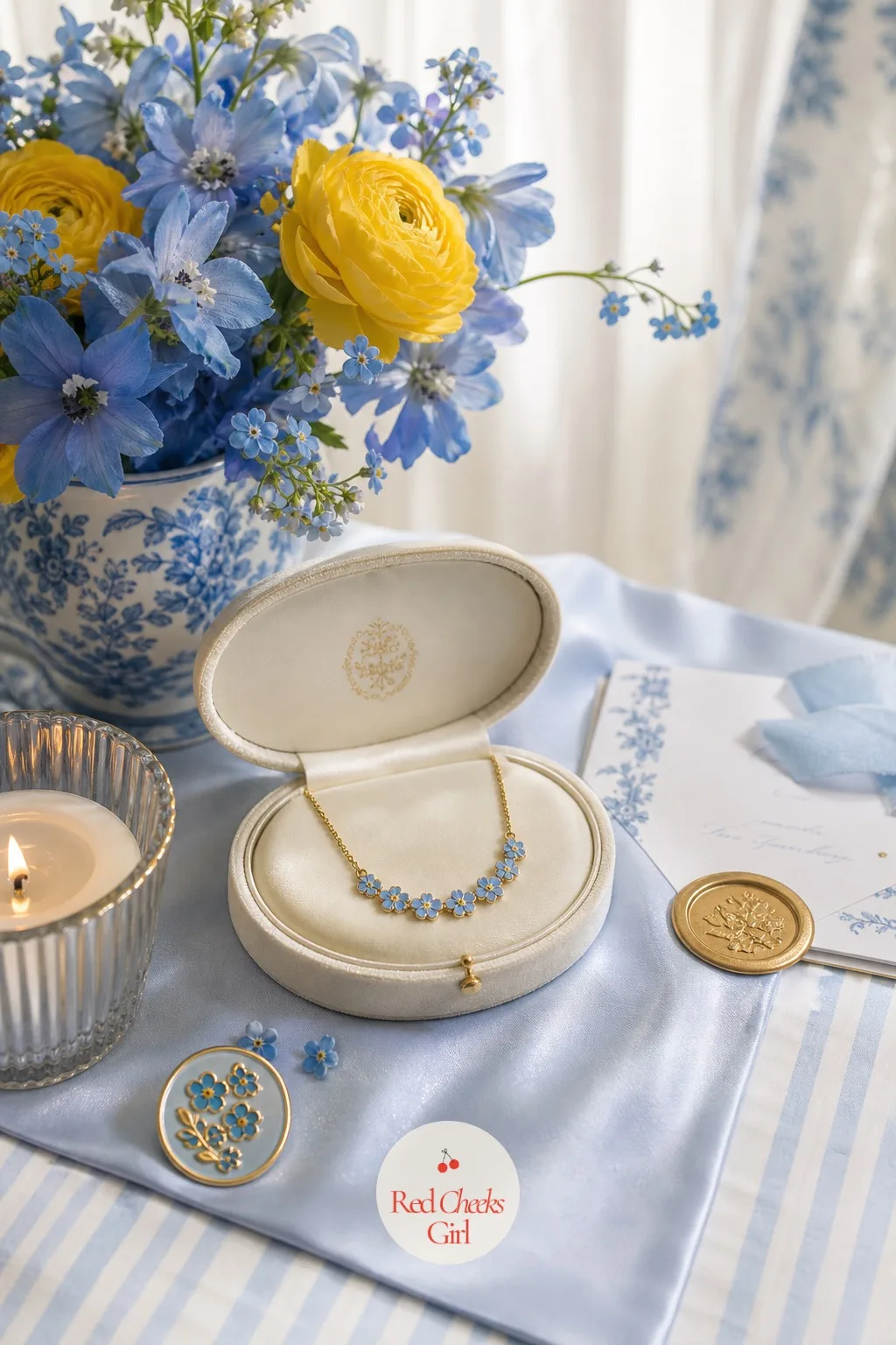 Forget-Me-Not Jewelry for the Bride — She wants something blue that is actually hers to keep, not borrowed and returned the next week. Blue and yellow wedding