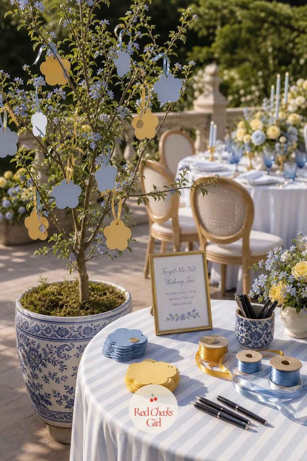 Forget-Me-Not Wishing Tag Tree — A guest book sits unread in a drawer for years; a small potted tree with tags tied on by hand gets looked at all evening and