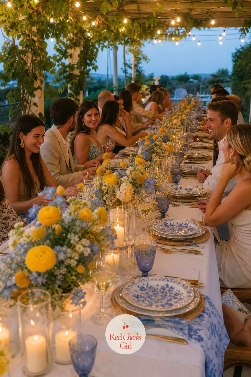 Long Guest Table With Blue and White China and Yellow Flowers — One long table running the length of the room or the lawn, with every single guest seated at