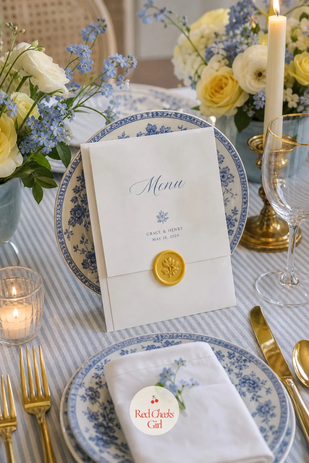 Menu Cards With Yellow Wax Seal — At every place, a small card leaning against the plate tells guests what is coming and gives them something to hold while