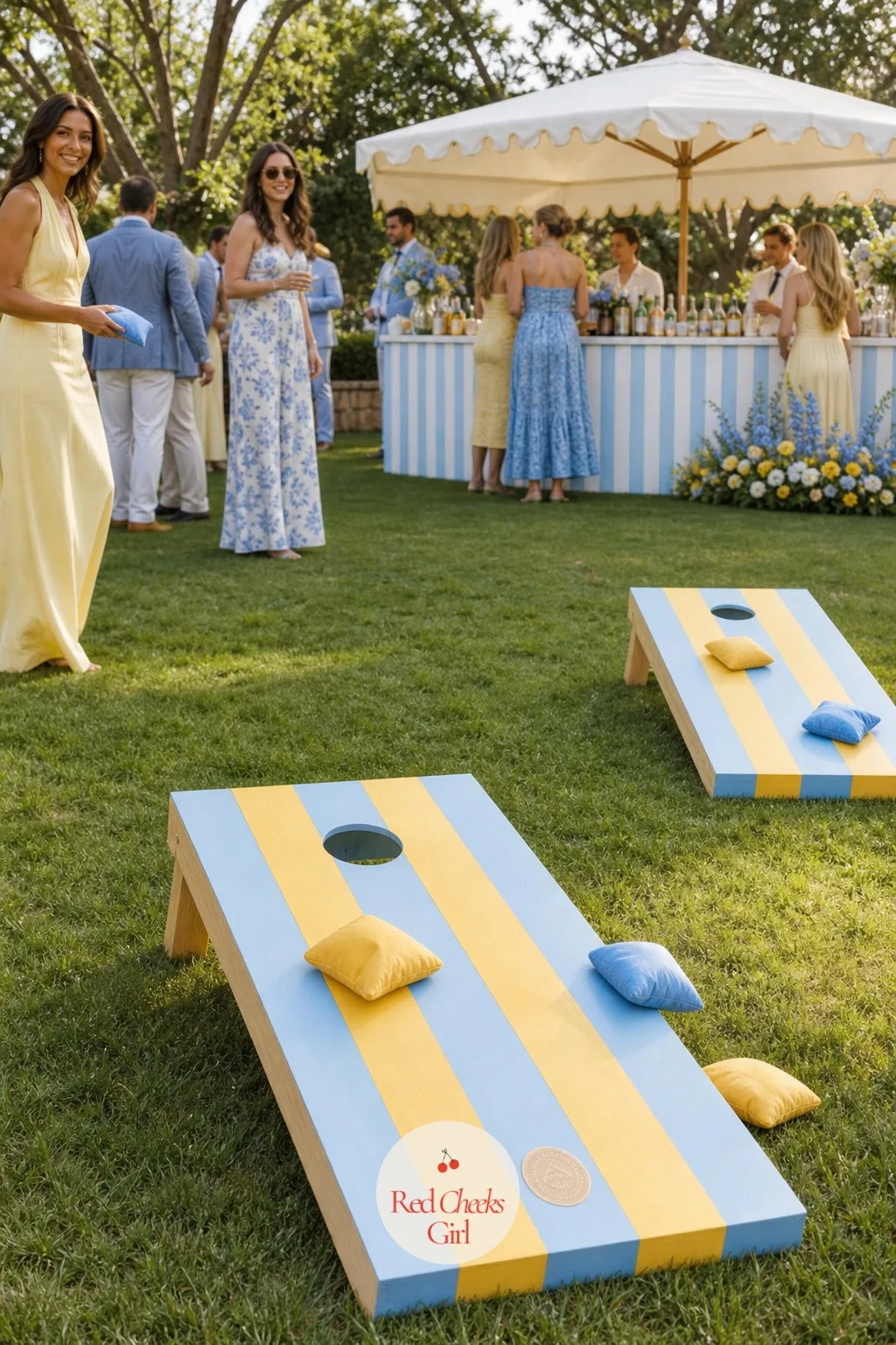 Striped Lawn Game Station — Cocktail hour drags if there is nothing to do but stand around with a drink, and a set of lawn games painted in the same candy