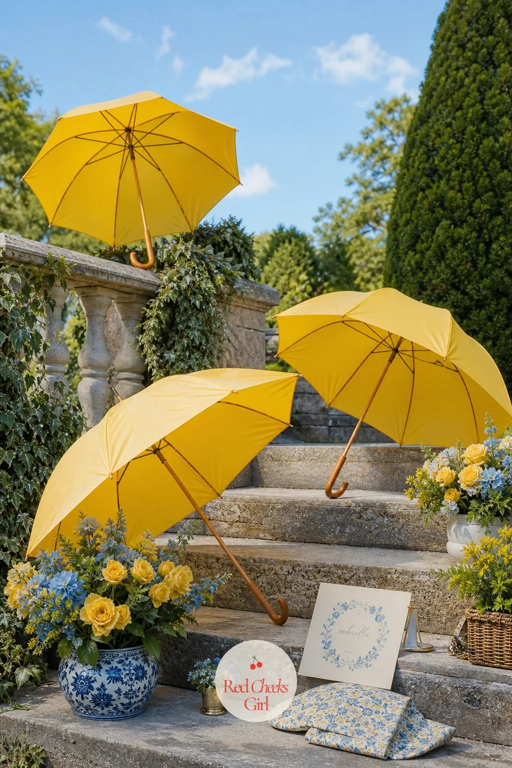 Sunny Yellow Umbrellas for Photos — One clean pop of colour against a blue sky or a garden backdrop makes every photo from the day instantly recognisable, and