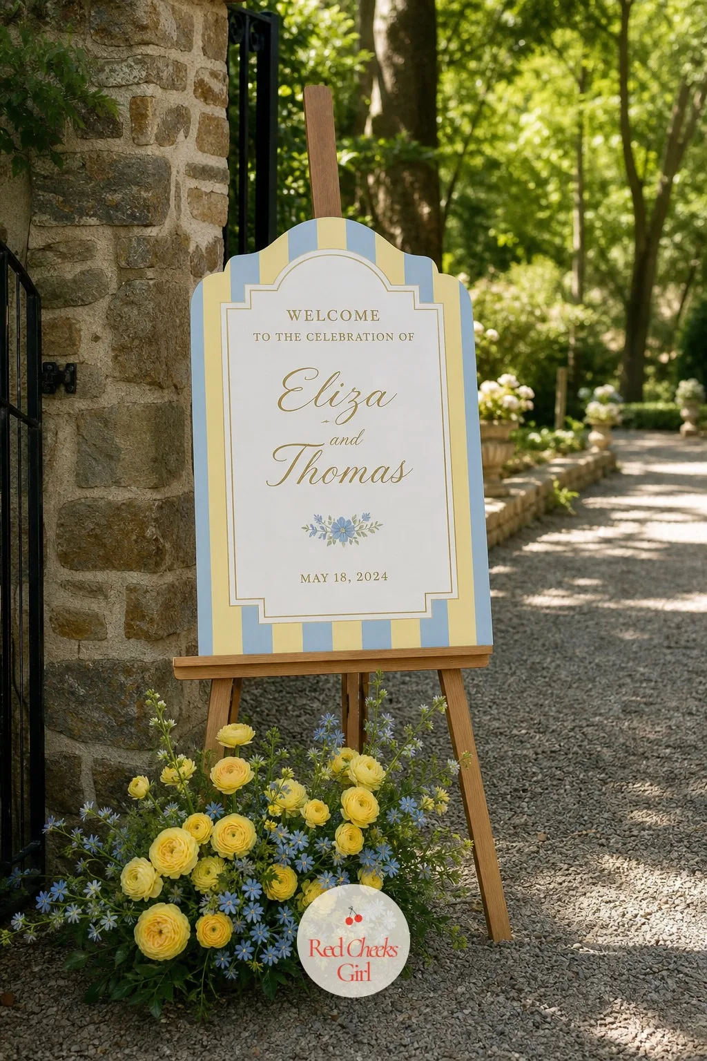 Welcome Sign in Blue and Yellow Stripes — The first object a guest actually reads sets the tone for everything after it, and a striped border around the