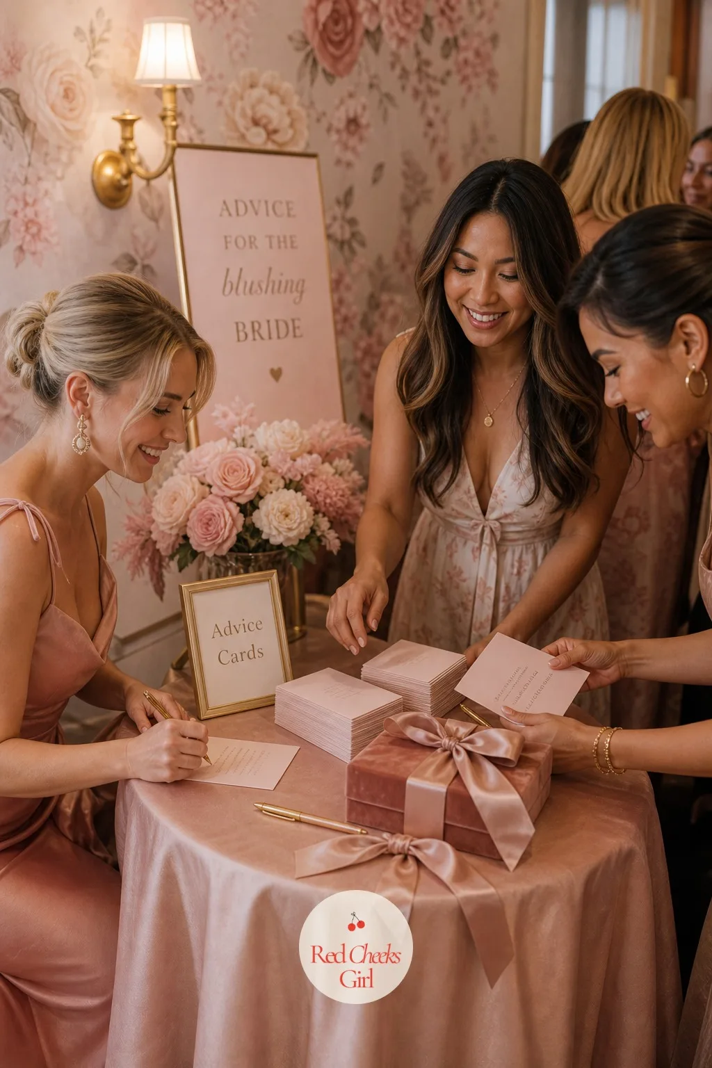 A Blush Advice Cards Station Instead of a Guestbook — A blank guestbook sitting by the door rarely gets more than a signature and a well wish. Blushing bride