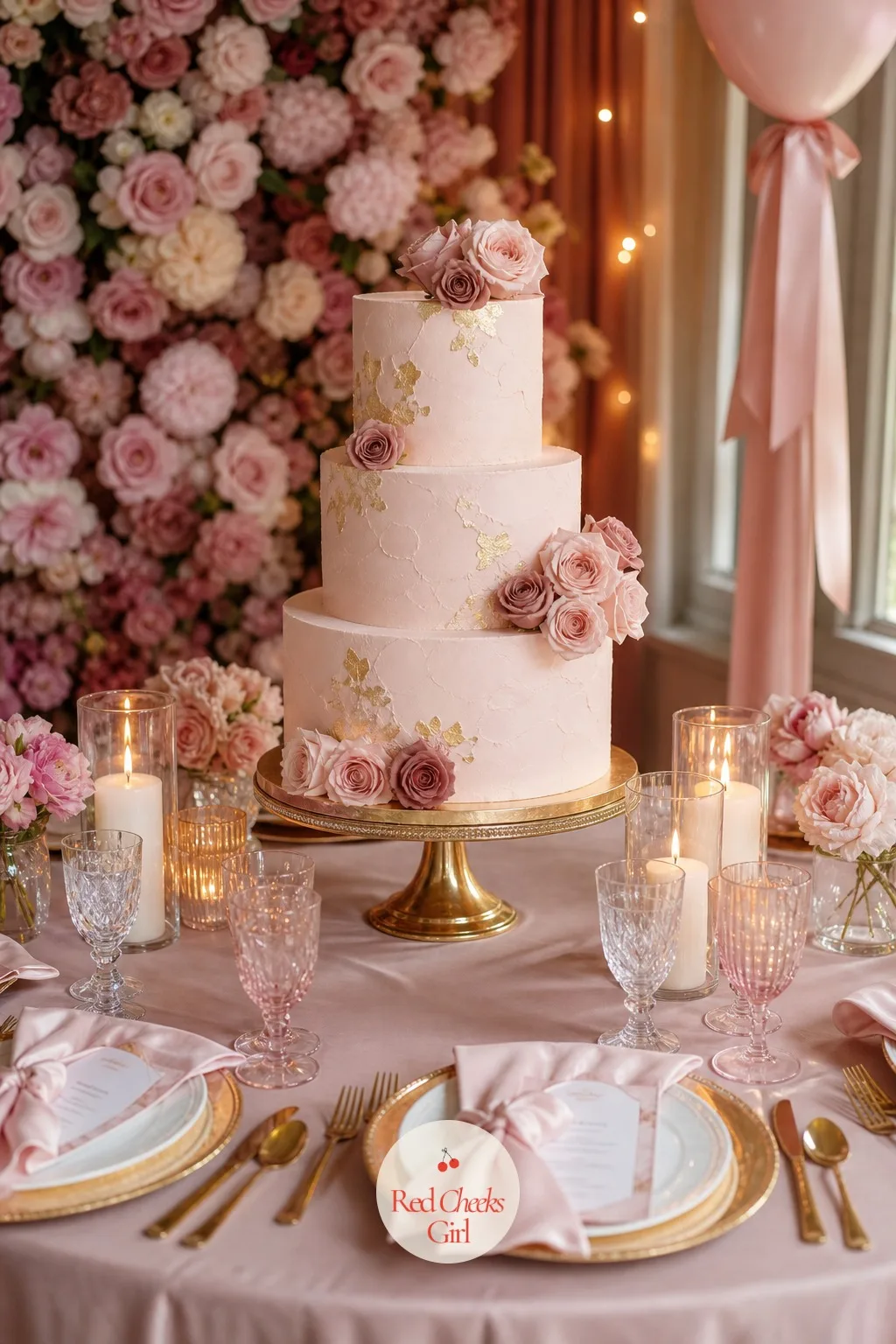 Blush Cake — The cake is the one object every guest will photograph before it is cut, so it earns a table of its own rather than a corner of the dessert