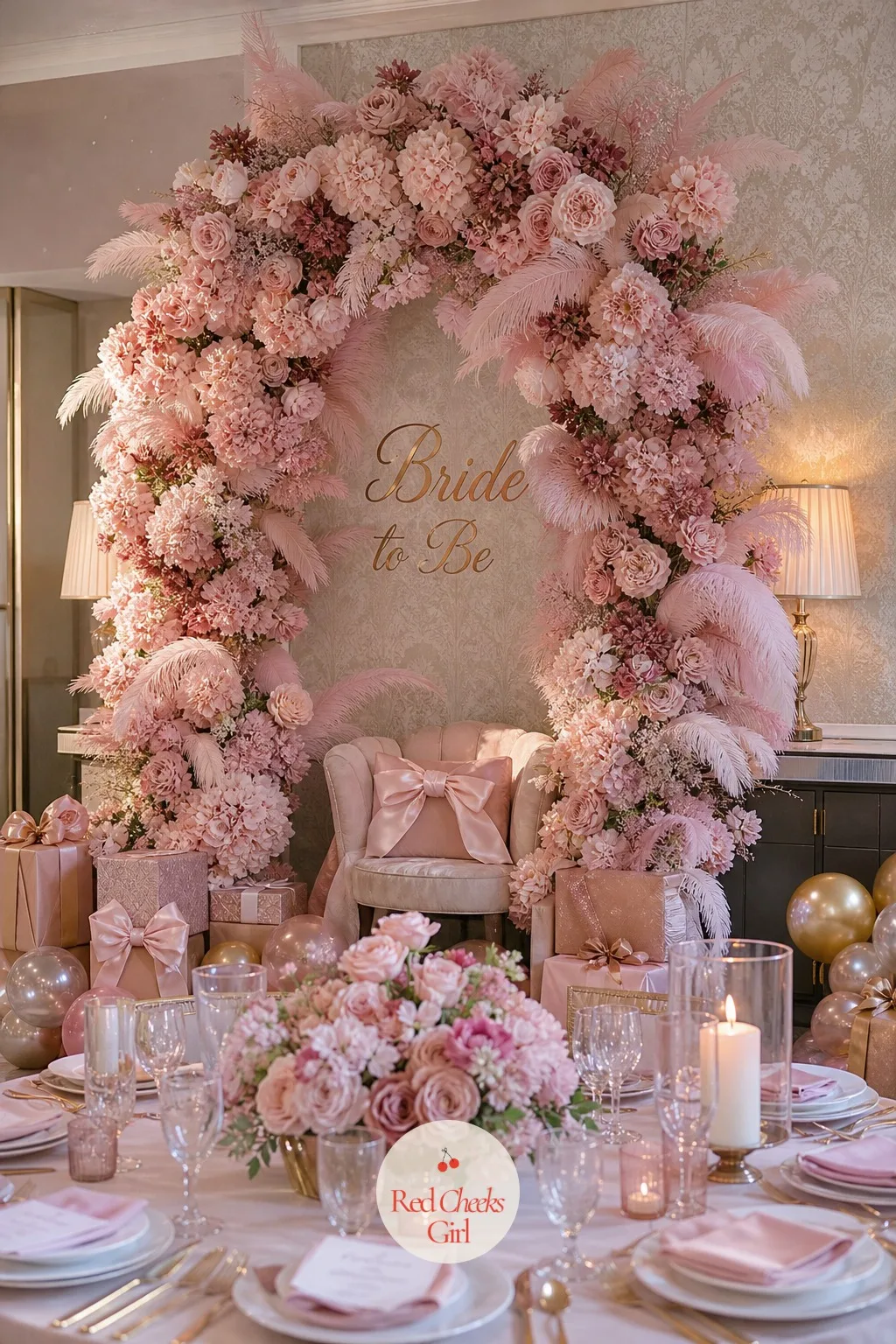 Blush Floral Backdrop with Pink Feathers — A bare wall behind the gift chair reads like a waiting room, and every photo of the afternoon will be taken in front