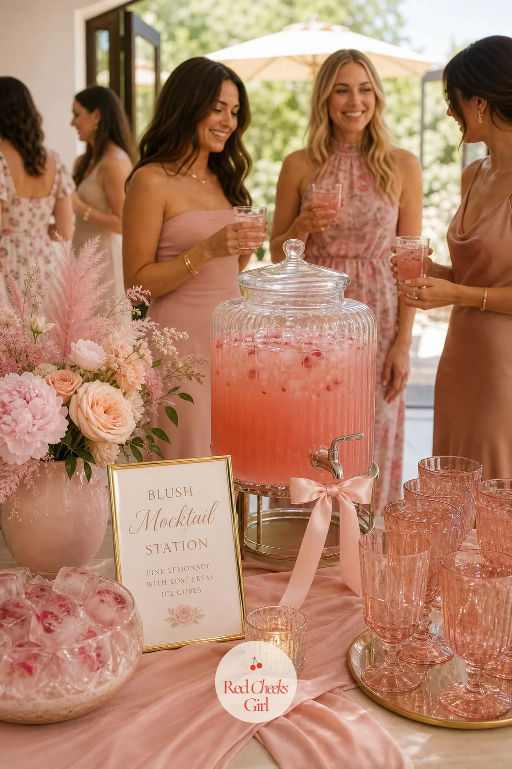 A Blush Mocktail Station with Rose Petal Ice Cubes — Not every guest drinks, and a pitcher of plain lemonade next to a champagne bar looks like an
