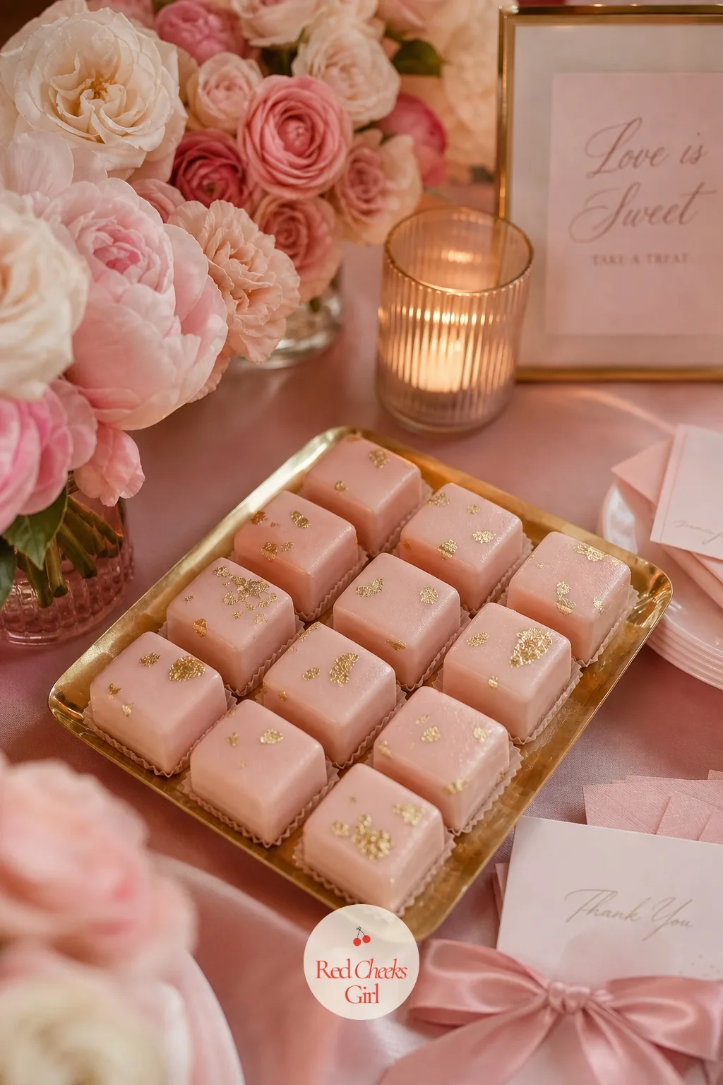 Blush Petit Fours with Soft Gold Leaf — Once the cake and macarons are in place, a dessert table still reads a little empty without something small to fill the