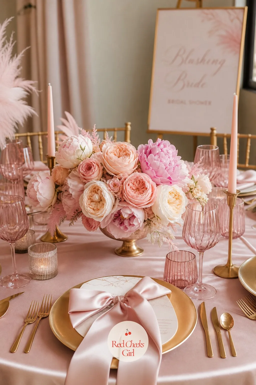 Blush Roses and Peonies Centerpieces — A table without flowers on it looks unfinished no matter what else is right. Blushing bride bridal shower theme