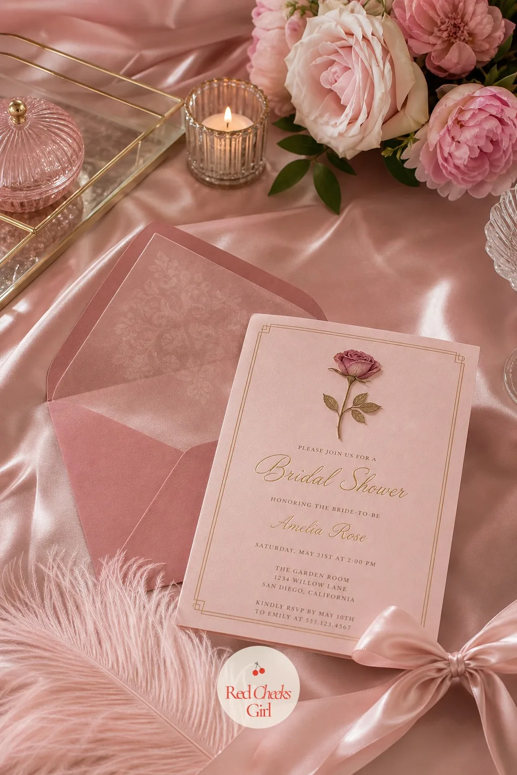 Blush and Soft Gold Invitation Suite — The invitation is the first object anyone sees, long before the party itself, so it sets the three tones in a guest's