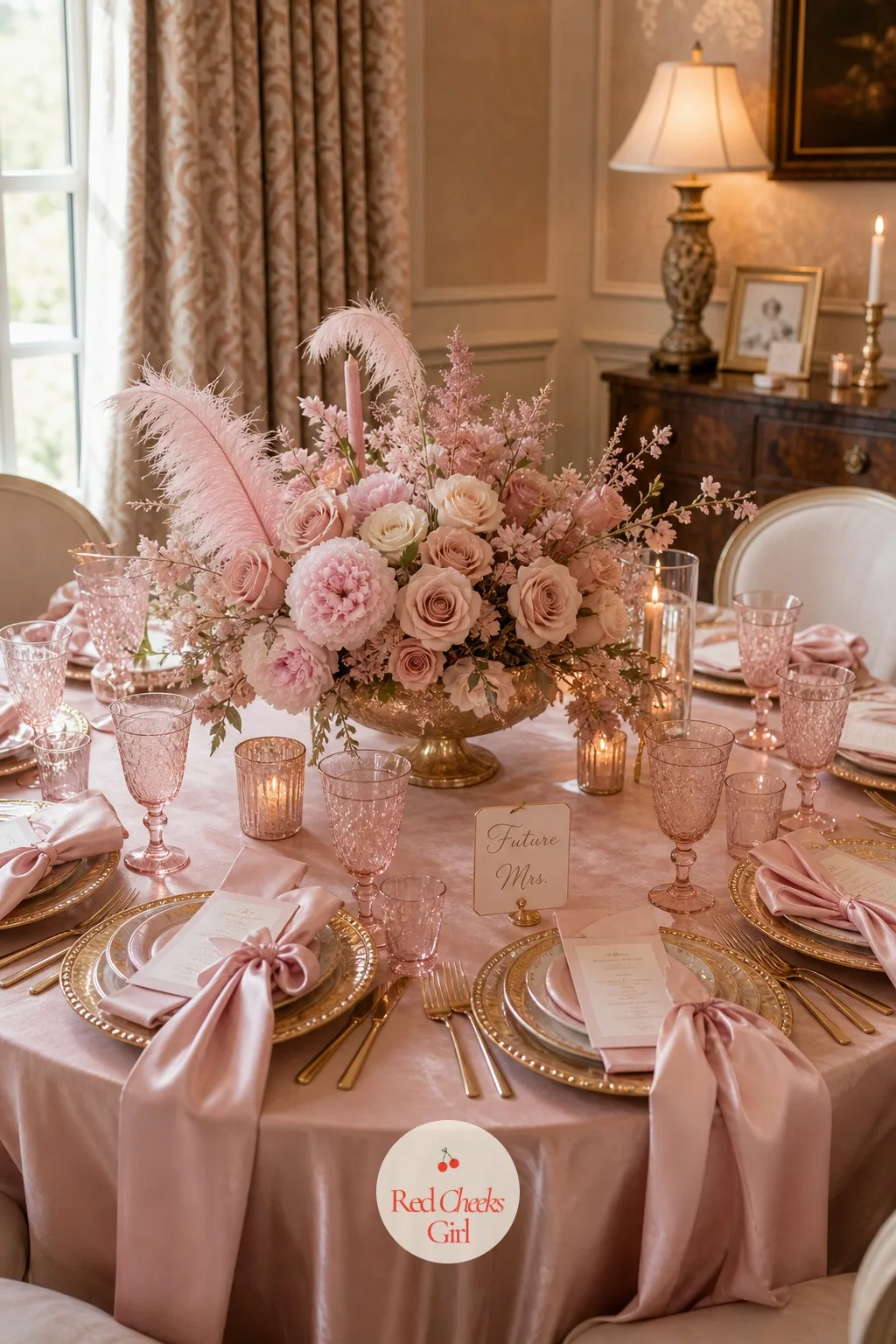 Blush Tablescape with Pink Glassware — She will spend more time looking at this table than at anything hung on the wall, so it has to hold up close. Blushing