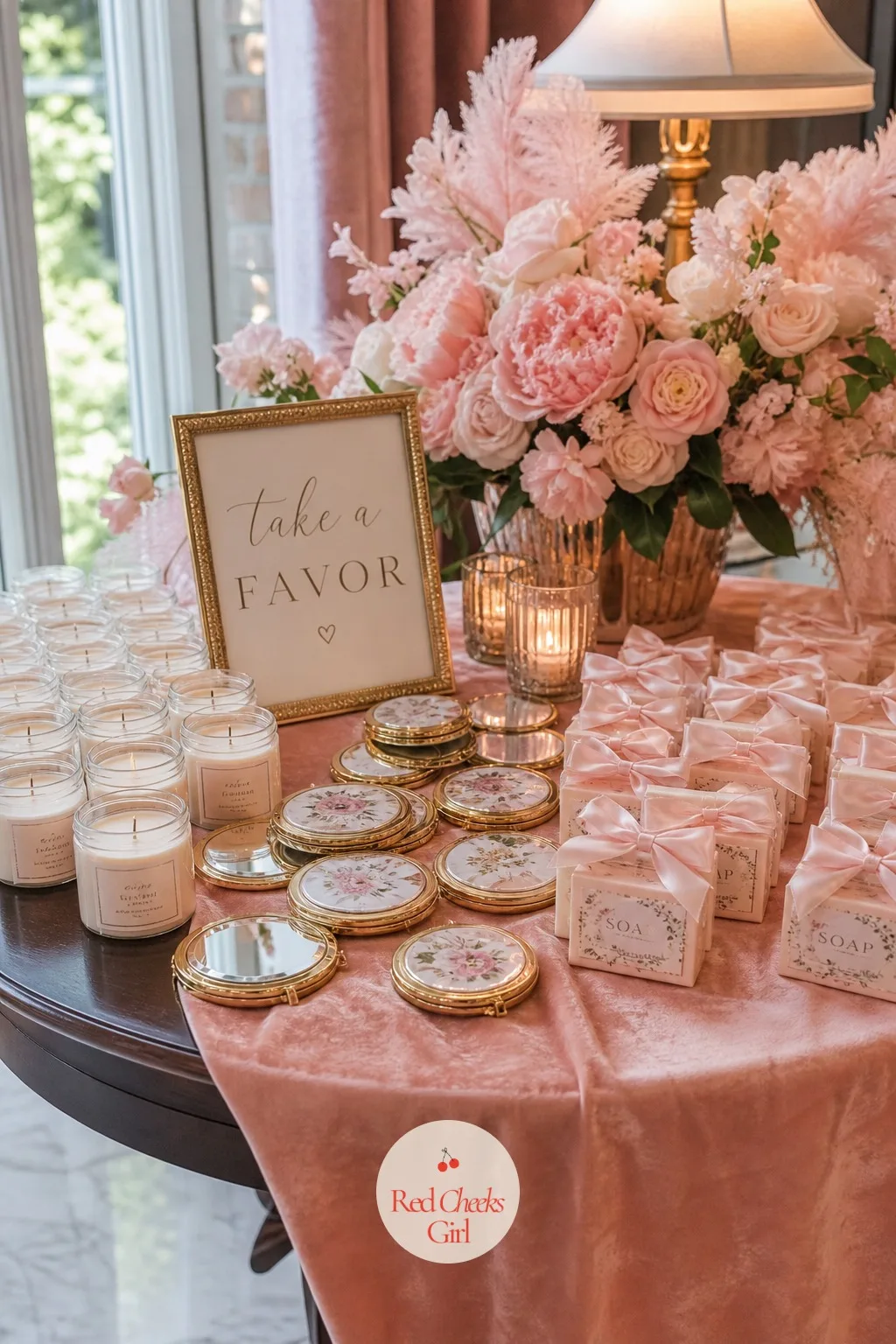 A Blush Velvet Favor Table Display — Favours scattered along the edge of the dessert table get missed by half the guests on their way out. Blushing bride