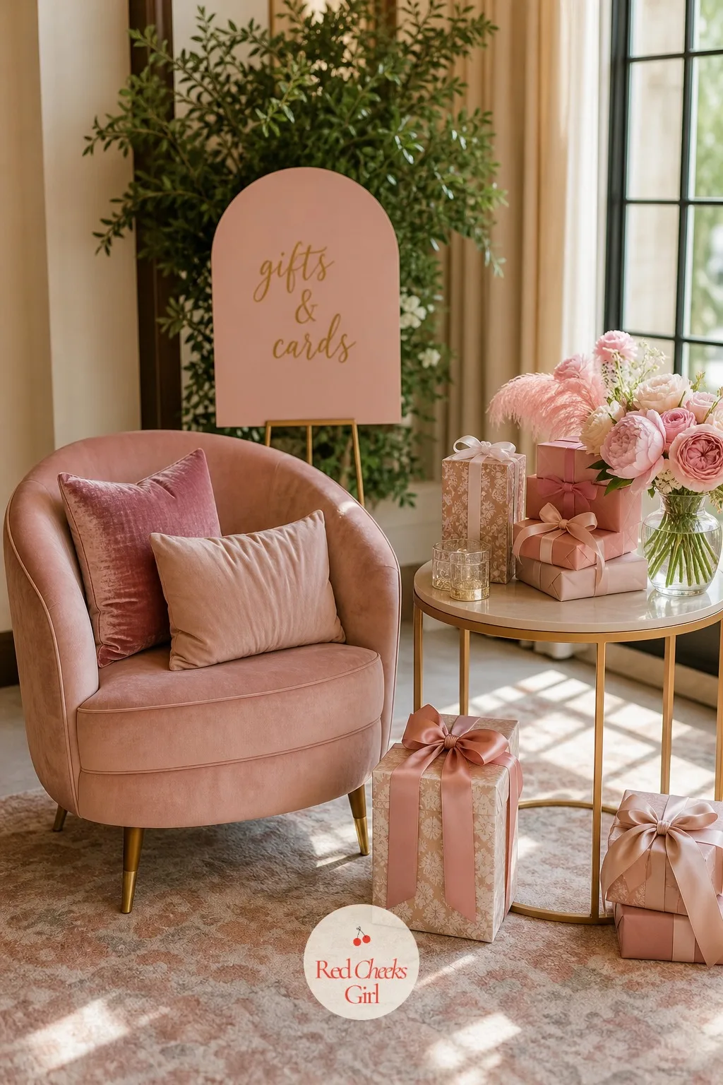 A Blush Velvet Lounge Corner for Opening Gifts — Gift opening drags when the bride is perched on a folding chair in the middle of the room with nowhere to put