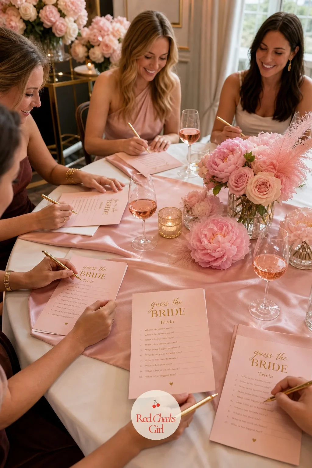 Guess the Bride Trivia Round in Blush and Gold — Somewhere between the gifts and dessert, the room needs a reason to laugh out loud together, and a trivia