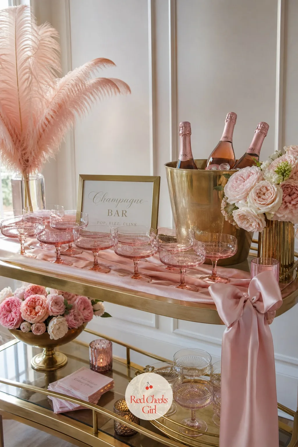 Pink Champagne Bar — A self-serve bar gives guests something to do with their hands the moment they walk in, before the gift opening starts. Blushing bride