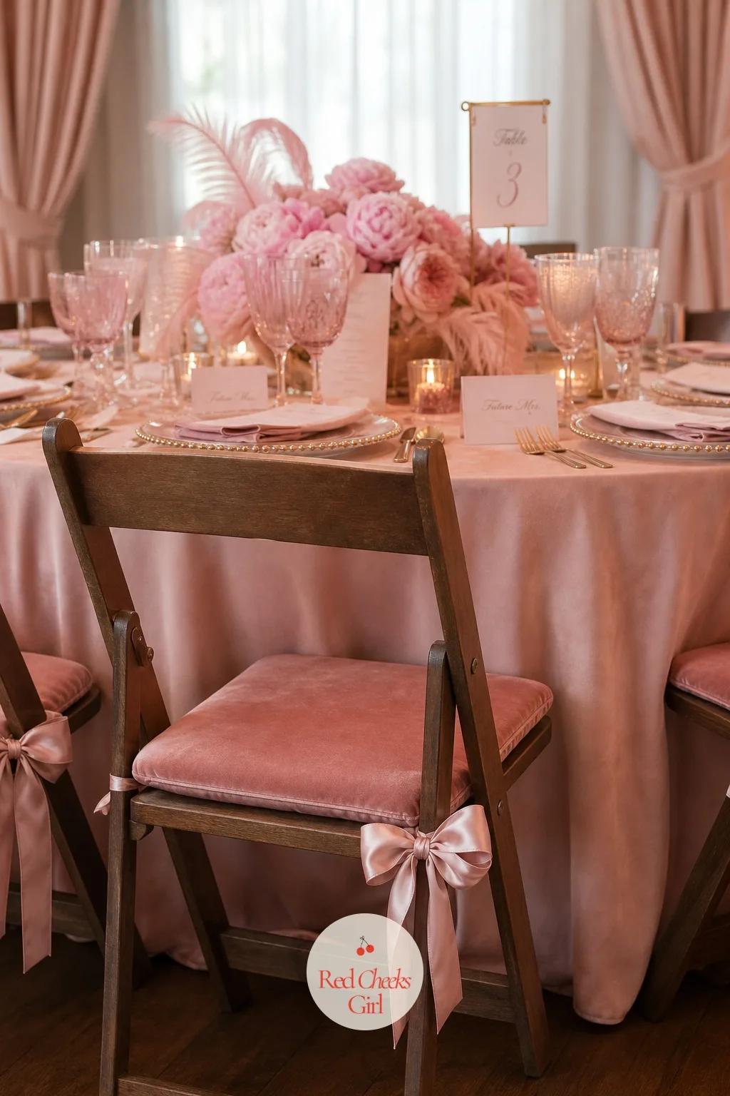 Pink Velvet Seat Cushions Tied to Every Chair — Rented folding chairs are cold and hard, and an hour on one takes the shine off any room, however pretty.