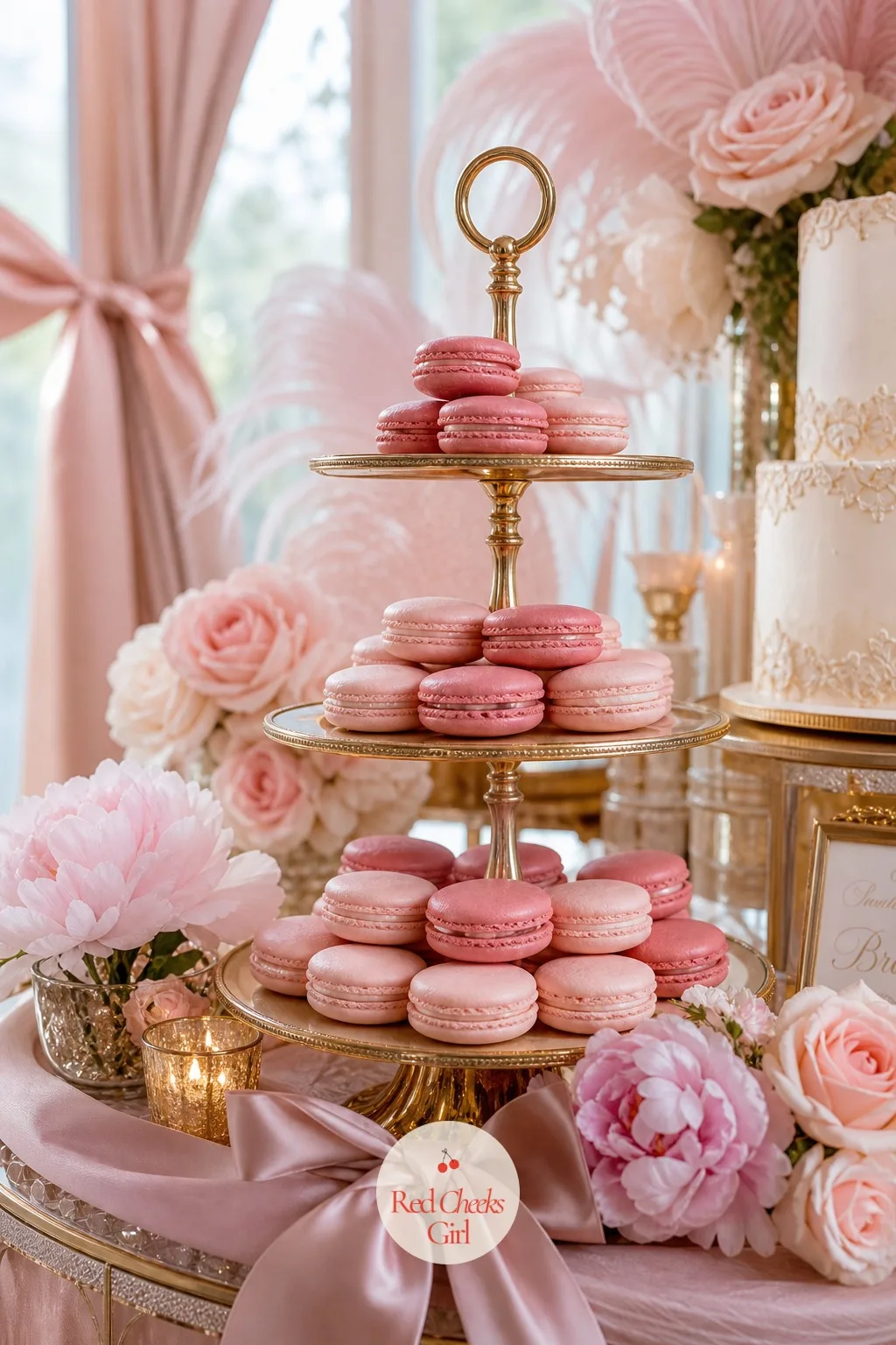 Rose Macarons — Macarons do the colour work better than almost any other dessert, since the shell itself comes in exactly the right shade without any extra