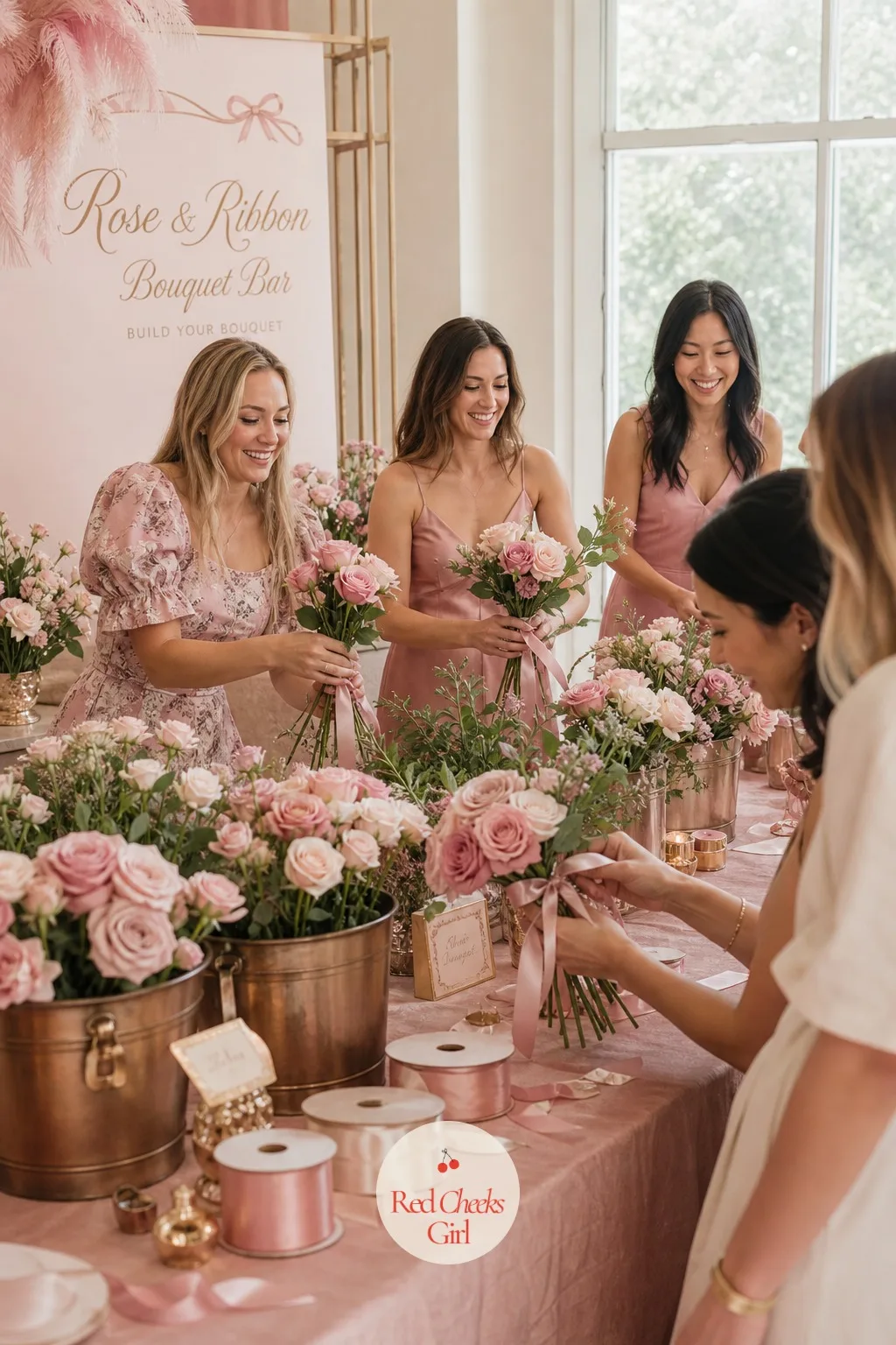 A Rose and Ribbon Bouquet-Building Bar — A flat gift-opening stretch is the moment guests start checking their phones, so give them something to build with