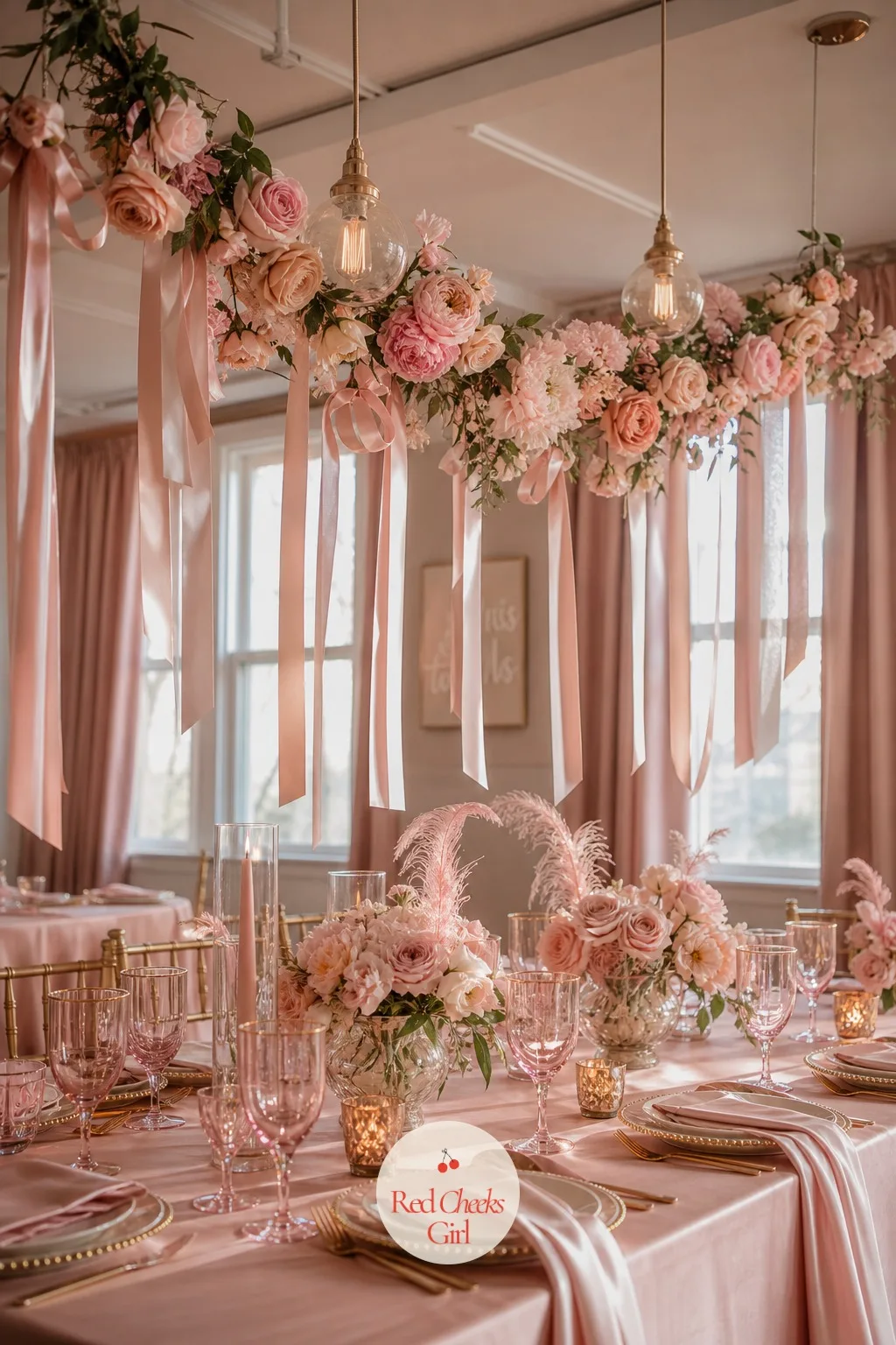 A Rose and Ribbon Garland Hung Over the Tables — Look up at most bridal showers and the ceiling is doing nothing at all, which wastes half the room. Blushing
