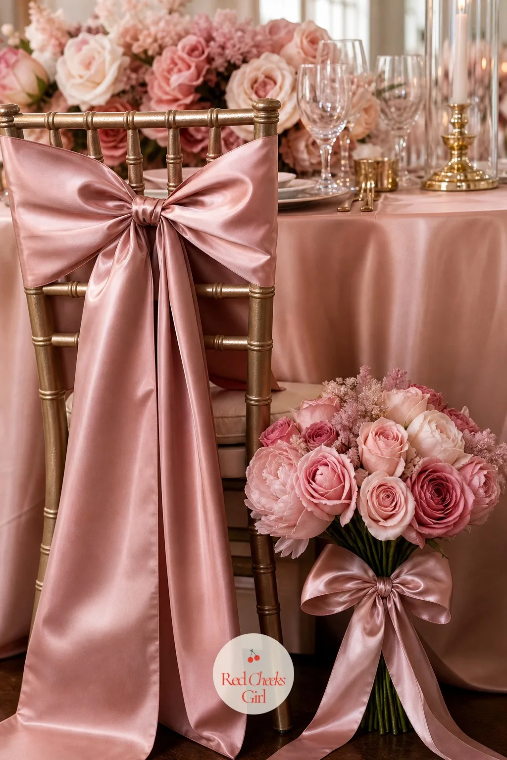 Satin Bow Chair and Bouquet Details — A satin bow is the smallest move in the whole party and also the one that ties every other piece together, tucked onto